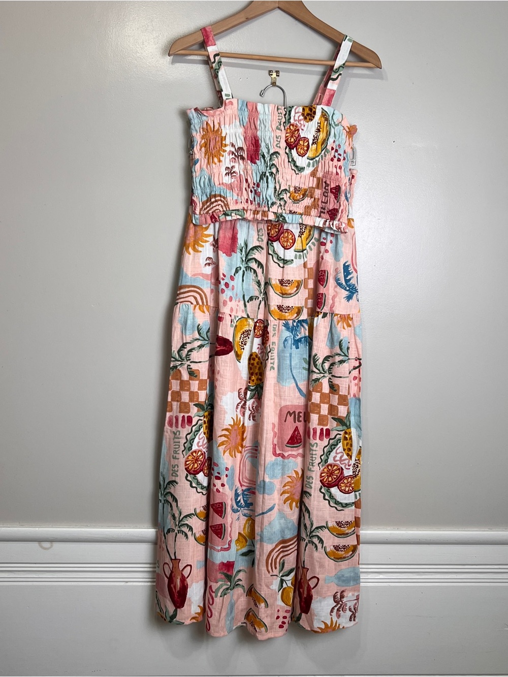 Paper Heart Tropical Fruit 2-pc Crop Top & Skirt Resortwear Linen Blend M, NWOT